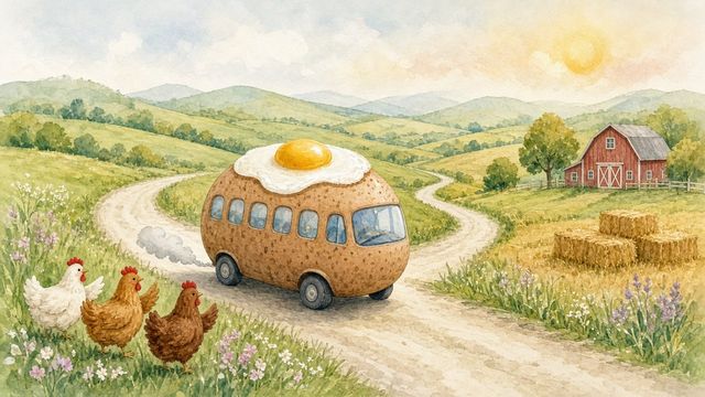 Over Easy Farm Shuttle — Children's book watercolor, A country lane through rolling farmland